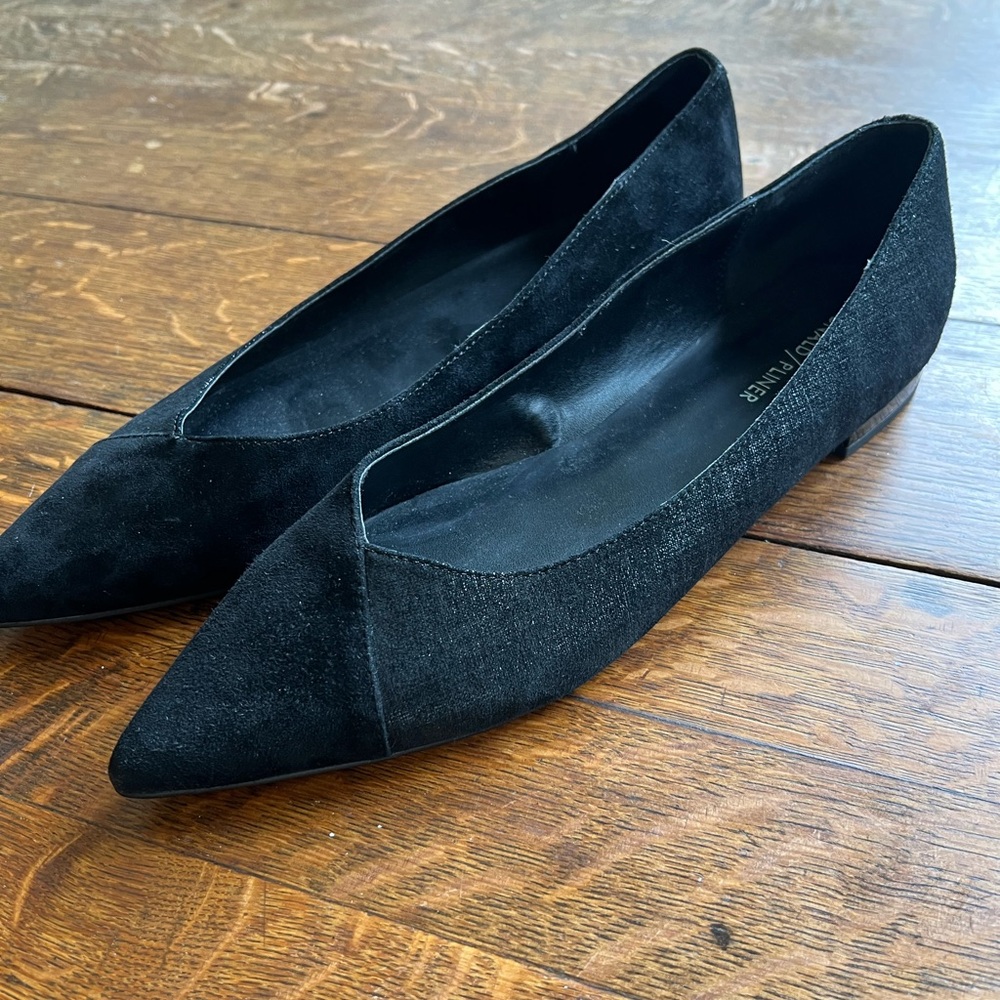 Donald Pliner NWOT black suede and metallic Palma Flats. Never worn.